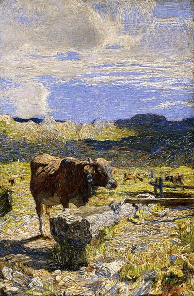 بقرة بنية تشرب من حوض صغير ، 1892 بواسطة جيوفاني سيجانتيني