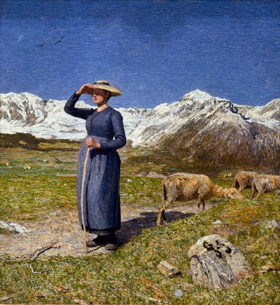 منتصف النهار في جبال الألب A bergere تحمي عينيها من أشعة الشمس. لوحة جيوفاني سيجانتيني (1858-1899) 1891 صن. 7،5x71،57 سم مجموعة O. Fischebacher بواسطة جيوفاني سيجانتيني