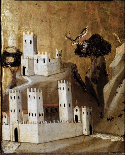Rinuccini altarpiece: العذراء والطفل مع القديسين - تفاصيل بريديلي التي تصور مدينة - تمبرا على لوحة بواسطة جيوفاني دا ميلانو