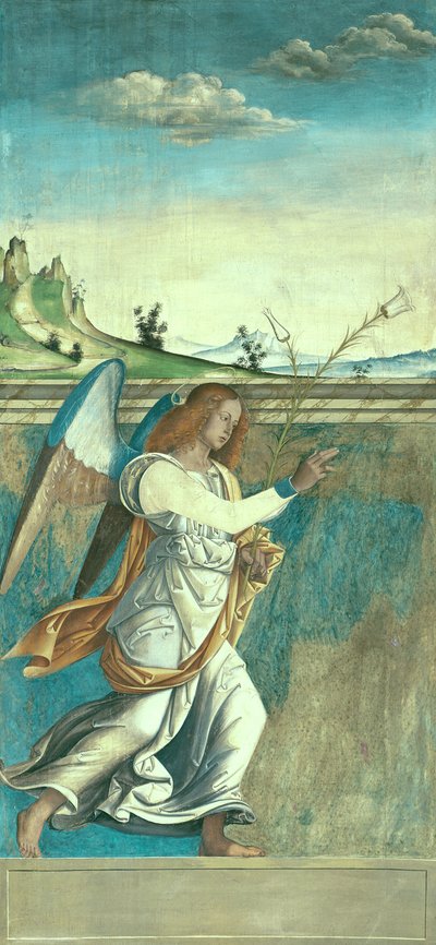 Angel Gabriel ، لوحة البشارة تشكل في الأصل أحد مصاريع الجهاز الخارجية في سان بارتولوميو ، فيتشنزا (درجة الحرارة على قماش) (انظر 183650) بواسطة Giovanni de