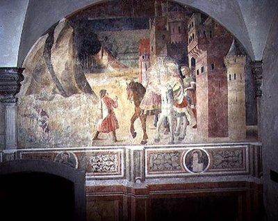 القديس بنديكت يغادر المنزل ، تفاصيل من دورة جدارية لحياة القديس بنديكت من Chiostro degli Aranci (دير البرتقال) حوالي 1430 (جصية) بواسطة Giovanni di Consalvo (Attr. To)
