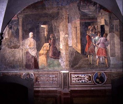 القديس بنديكت إصلاح المنخل المكسور ، تفاصيل من دورة جدارية لحياة القديس بنديكت من Chiostro degli Aranci (دير البرتقال) حوالي 1430 (جصية) بواسطة Giovanni di Consalvo (Attr. To)
