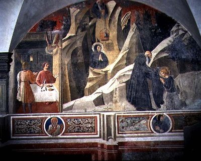 القديس بنديكت يتلقى الخبز وعباءة من Hermit Romano ، تفاصيل من دورة جدارية لحياة القديس بنديكت من Chiostro degli Aranci (دير البرتقال) حوالي 1430 (جصية) بواسطة Giovanni di Consalvo (Attr. To)
