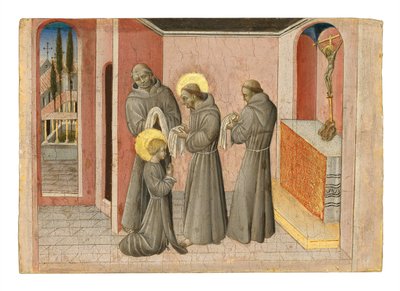 تنصيب القديسة كلير: تسلم القديسة ملابس رهبتها من القديس فرنسيس ، 1389-1482 (تمبرا وذهب على لوح) بواسطة جيوفاني دي باولو