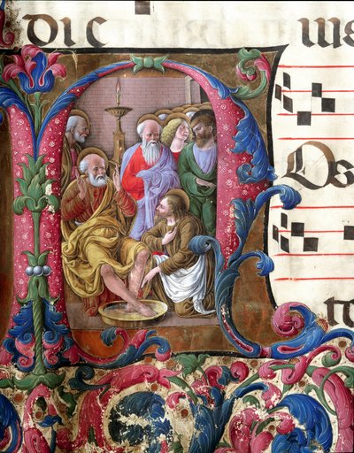 رسالة مزخرفة تصور المسيح يغسل القدمين ، صورة مصغرة لجيرولامو دا كريمونا (نشط حوالي 1451-1483) وليبيرال دا فيرونا (1445-1529) من جوقة (كود 22/7. c.37) من كاتدرائية سيينا. القرن الخامس عشر كاتدرائية (دومو) في سيينا ، إيطاليا بواسطة جيرولامو دا كريمونا