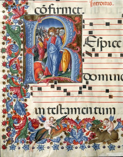 Decoree lettrine يصور المسيح و Leper Miniature بواسطة Girolamo da Cremona (نشط حوالي 1451-1483) و Liberale da Verona (1445-1529) من جوقة (Cod. 19/4. c.26.) من كاتدرائية سيينا. القرن الخامس عشر كاتدرائية (دومو) في سيينا ، إيطاليا بواسطة جيرولامو دا كريمونا