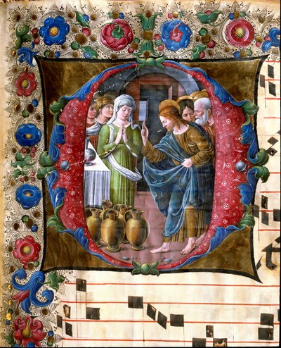 Decoree lettrine يمثل حفل زفاف Cana Miniature بواسطة Girolamo da Cremona (نشط حوالي 1451-1483) و Liberale da Verona (1445-1529) من جوقة (Cod. 19/4. c19v.) من كاتدرائية سيينا. القرن الخامس عشر كاتدرائية (دومو) في سيينا ، إيطاليا بواسطة جيرولامو دا كريمونا