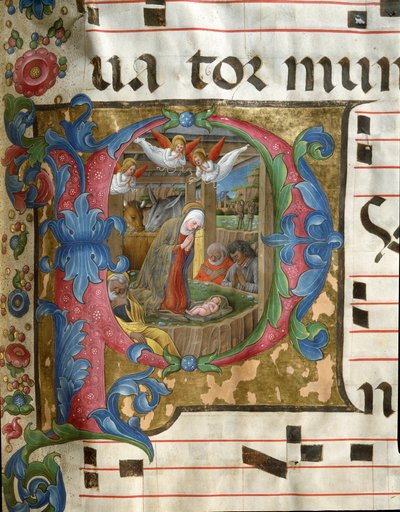 Lettrine P decoree يمثل Miniature Nativite بواسطة Girolamo da Cremona (نشط حوالي 1451-1483) من جوقة (Cod. 18/3) من كاتدرائية سيينا. القرن الخامس عشر كاتدرائية (دومو) في سيينا ، إيطاليا بواسطة جيرولامو دا كريمونا