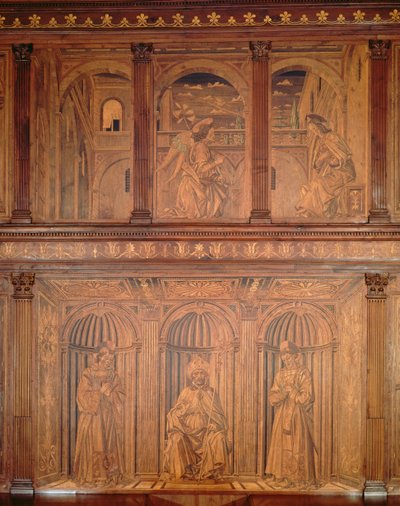 خزائن ما بعد الترميم في شمال Sacristy (Sacrestia delle Messe) التي تصور البشارة والأسقف المحاصر (الخشب المطعم) (انظر 143298) بواسطة جوليانو دا ميانو