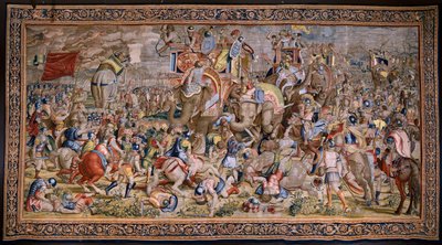 نسيج فلمنكي. مسلسل The Acts of Scipio: The Battle at Zama. رسام الكاريكاتير جوليو رومانو. أتيليه بالتازار فان فلايردين (؟) ، بروكسل. 1523-1532. بواسطة جوليو (بعد) رومانو