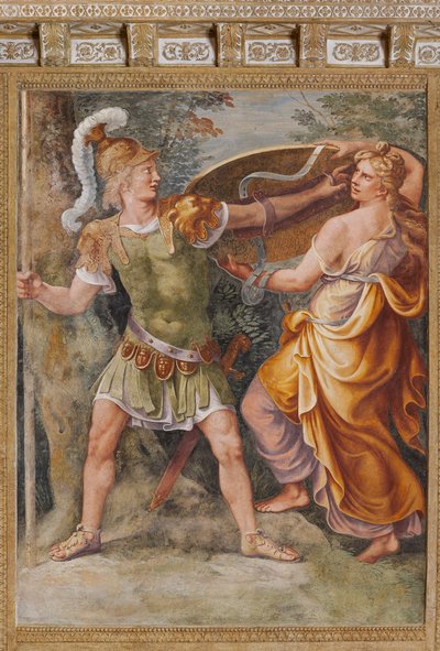 ثيتيس يعطي أخيل الأسلحة التي صاغها هيفايستوس (فولكان) ، حصان طروادة ، غرفة طروادة (سالا دي ترويا) بواسطة جوليو (وورشة عمل) رومانو