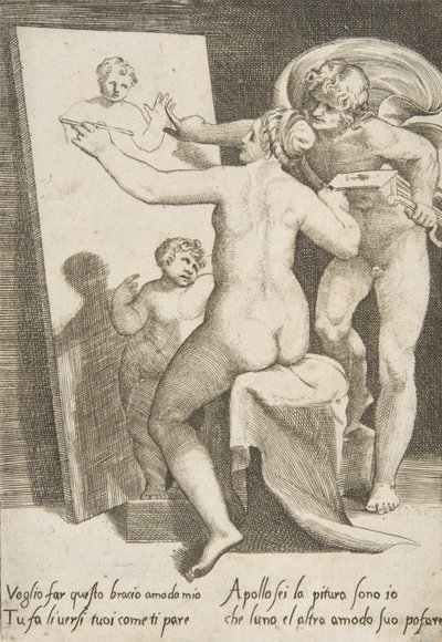 أبولو يقف بجانب امرأة تمثل قصة رمزية للرسم ، من 'The Loves ...، 1531-60. بواسطة جوليو بوناسون