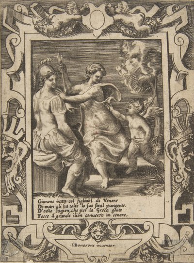 جلست أثينا بالقرب من جونو الذي أخذ سهام كيوبيد ، الموضوعة داخل إطار مفصل ... ، 1531-1576. بواسطة جوليو بوناسون