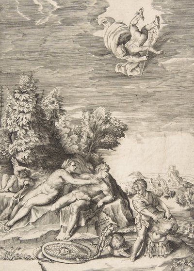 يحاول كاليبسو اعتقال أوليسيس عندما يقوم طفل بإعداد درعه على اليمين وعطارد ... ، 1531-1576. بواسطة جوليو بوناسون