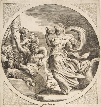 سيرس الشرب من كوب مع رفقاء يوليسيس في قارب على اليسار ، دائري ... ، 1531-1576. بواسطة جوليو بوناسون