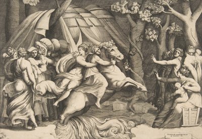 كلويليا على ظهور الخيل تعبر نهر التيبر ، كاليفورنيا. 1540-60. بواسطة جوليو بوناسون