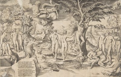 كيوبيد في الحقول الإليزية مربوطًا بشجرة في الوسط ، أحاط بشخصياتي العديدة ، 1563. بواسطة جوليو بوناسون