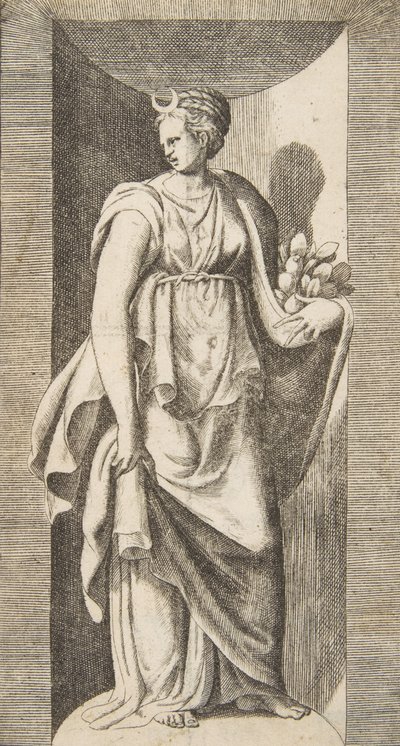 ديانا تحمل الفاكهة في يدها اليسرى واقفة داخل كوة ، كاليفورنيا. 1531-76. بواسطة جوليو بوناسون
