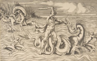 هرقل يقاتل أدراجون في الوسط ، أخيلوس يحمل Deianeira أعلى اليسار ، 1531-1576. بواسطة جوليو بوناسون