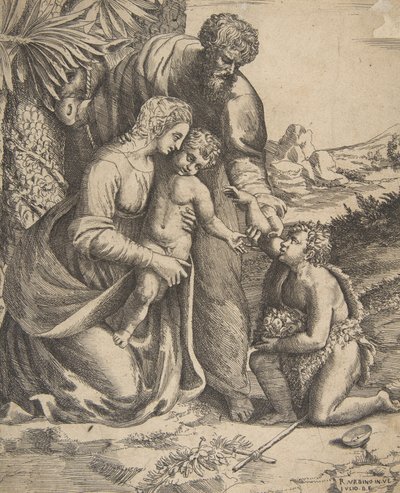 العائلة المقدسة مع القديس يوحنا المعمدان الجثو على اليمين ، 1531-1576. بواسطة جوليو بوناسون