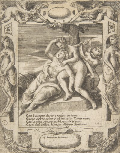Ixion يحتضن سحابة ، معتقدًا أنه جونو ، كيوبيد على اليمين ، يقع داخل مفصل ... ، 1531-1576. بواسطة جوليو بوناسون