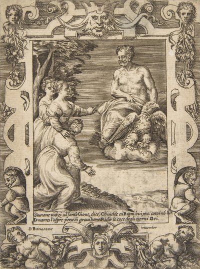 يسأل جونو على اليسار كوكب المشتري لمساعدة الإغريق ، داخل إطار مفصل ، من '... ، 1531-1576. بواسطة جوليو بوناسون