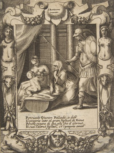 جونو يقنع أثينا بإرضاع هرقل الشاب ، في إطار مفصل ، من ... ، 1531-1576. بواسطة جوليو بوناسون