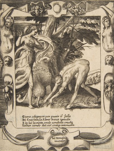 أرسل جونو المجاعة ضد Crasiton ، ضمن إطار مفصل ، من 'Loves، Rages ...، 1531-1576. بواسطة جوليو بوناسون