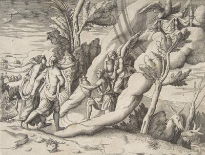 جوبيتر وجونو يتم استقبالهما في السماء من قبل جانيميد وهيبي ، من القسم ... ، 1531-1576. بواسطة جوليو بوناسون