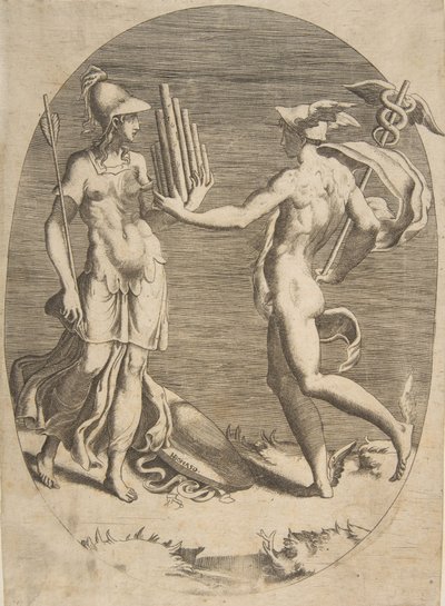 عطارد يقدم أنبوب عموم إلى مينيرفا الذي يقف على اليسار ، تكوين بيضاوي ، 1531-1576. بواسطة جوليو بوناسون