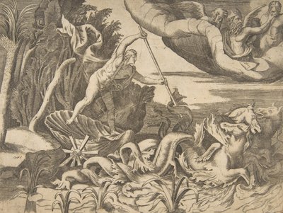 نبتون في عربته يتم رسمها بواسطة فرس البحر ، من قسم الكون ، 1 ... ، 1531-1576. بواسطة جوليو بوناسون