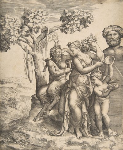 عموم على اليسار جالسًا بجانب حورية واقفة ، إلى اليمين كيوبيد ممسكًا بالصنج ، 1531-1576. بواسطة جوليو بوناسون