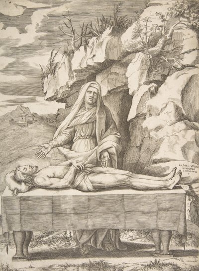 بيتا ، المسيح ممدد على طاولة في منظر طبيعي ، العذراء تقف خلف ذراعيها ... ، 1531-1576. بواسطة جوليو بوناسون