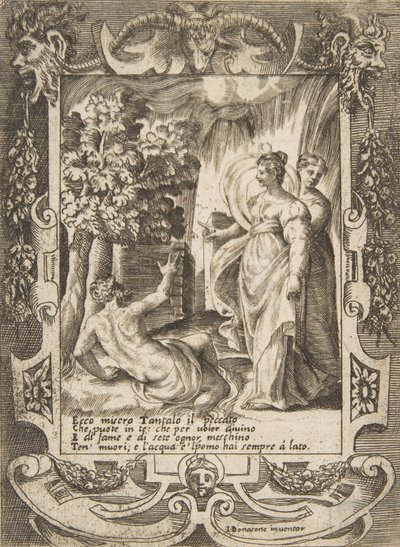 تانتالوس على اليسار يتحدث إلى ديانا على اليمين ، داخل إطار مفصل ، من 'L ... ، 1531-1576. بواسطة جوليو بوناسون
