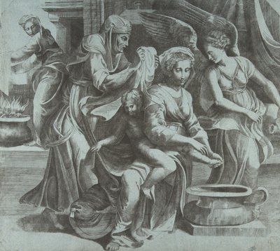 تغسل العذراء الطفل المسيح برفقة شخصيات وملاك على اليمين ... ، كاليفورنيا. 1550-60. بواسطة جوليو بوناسون