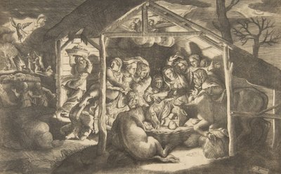 عبادة الرعاة ، شخصيات مختلفة تحيط بالمسيح الطفل في ... ، 1531-1576. بواسطة جوليو بوناسون