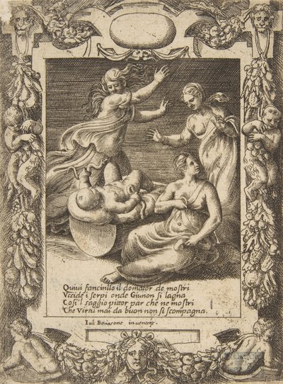 قتل الرضيع هرقل الأفاعي ، داخل إطار مفصل ، من 'Loves، ...، 1531-1576. بواسطة جوليو بوناسون