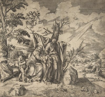 بقية أفراد العائلة المقدسة في رحلة طيرانهم إلى مصر ، 1531-1576. بواسطة جوليو بوناسون