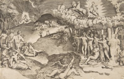 انتصار الحب ، كيوبيد يركب عربة رسمها يونيكورن في أعلى اليمين ، عارياً ... ، 1545. بواسطة جوليو بوناسون