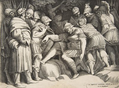 وكان الجندي المصاب سكيبيو في الوسط محاطًا بالأرقام 1531-1576. بواسطة جوليو بوناسون