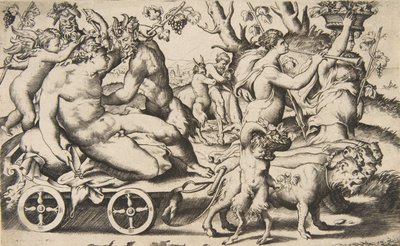 انتصار باخوس الجالس على عربة على اليسار ، 1531-1576. بواسطة جوليو بوناسون
