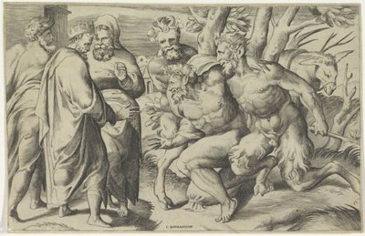 اثنان من الساترين يجلبان Silenus إلى الملك ميداس بواسطة جوليو بوناسون