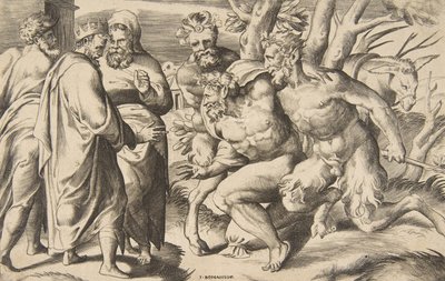 شاتان يجلبان Silenus King Midas واقفاً على اليسار ، 1531-1576. بواسطة جوليو بوناسون