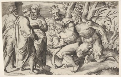 اثنان من المشجعين يقودان Silenus إلى الملك ميداس ، الذي يقف على اليسار مع حضور اثنين من الذكور ... ، كاليفورنيا. 1550-80. بواسطة جوليو بوناسون