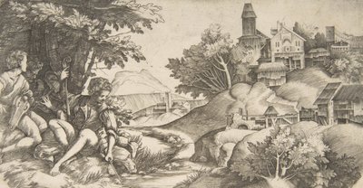 إلى اليسار أربعة رعاة بآلات موسيقية جالسين تحت مجموعة من الأشجار ... ، كاليفورنيا. 1517 بواسطة جوليو كامبانيولا