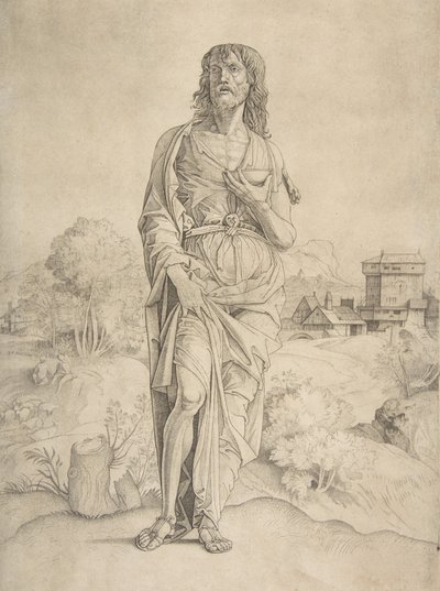 القديس يوحنا المعمدان يقف في المناظر الطبيعية والأشكال والمباني في الخلفية ... ، كاليفورنيا. 1505-10. بواسطة جوليو كامبانيولا