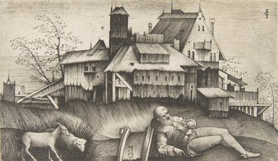 الراعي العجوز يرقد في منظر طبيعي ، خلف المباني ، ماعز وخروف حتى ... ، كاليفورنيا. 1500-1515. بواسطة جوليو كامبانيولا