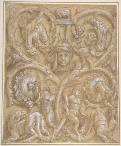 تصميم لوحة تزيينية مع رينكو ، ساتيرس ، بوتي ، وحوش ورأس بشري ، 1535-45. بواسطة جوليو كامبي.