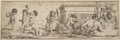 باشانال مع ساتير رضيع وبوتي على اليسار ، شكل ذكر عاري يتكئ أمام ... ، 1633-1678. بواسطة جوليو كاربيوني