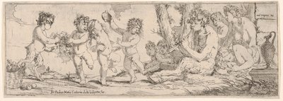 باشانال مع الساتير يعزف على العود ويحيط به أربع شخصيات ، يتطلعون نحو ... ، 1640-60. بواسطة جوليو كاربيوني